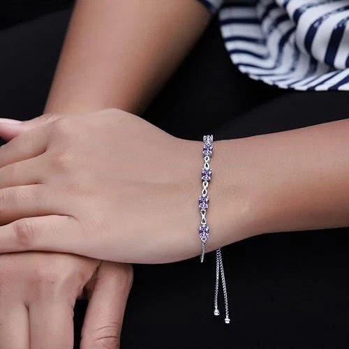 Теннисный браслет-боло с имитацией камня рождения и настоящего бриллианта покрытие белым золотом 14 карат - Изображение 4 из 4