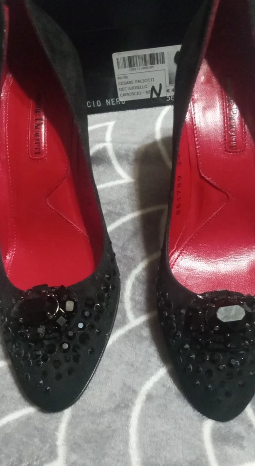 Sapatos de salto Cesare Paciotti preto vermelho camurça tamanho UE 36 EUA 6 strass vintage luxo - Imagem 3 de 4