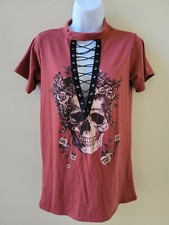 Women Fashion Nova Lace Front T Shirt/Dress, Skull, Roses, Size XS, Burnt Orange