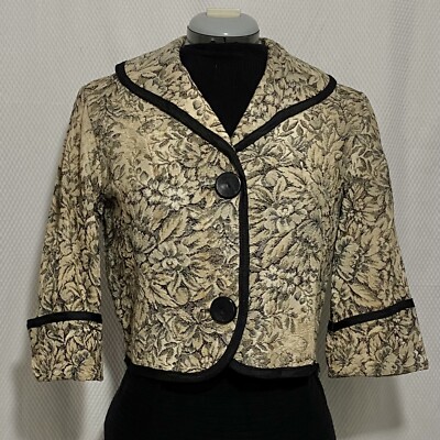 VTG 1950s 1960s Cropped Jacket Floral Jacquard Tapestry Black Tan 3/4  Sleeve S