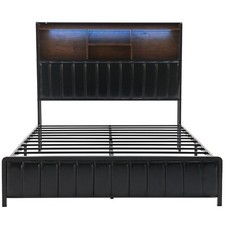 Full Size Bed Frame with Charging Station Upholstered Storage Headboard