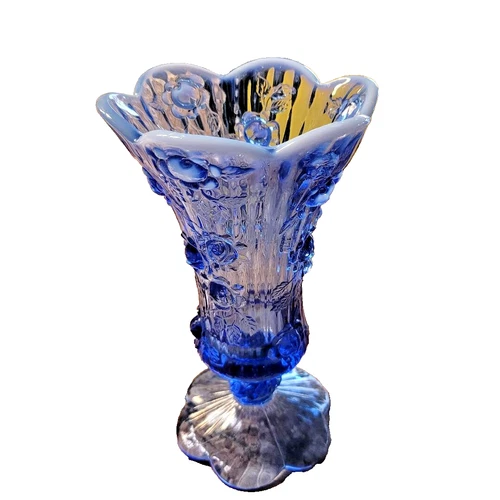 Gorgeous Fenton Vintage Deep Blue Cabbage Rose  Glass vase  9" tall Mint
