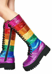 Punk para mujer Block Heels Rainbow Color de la rodilla Botas altas Zapatos Caballero Gótico fragmento
