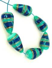 Retro style green blue gold glass beads pear shape 23mm 6 beads per pack