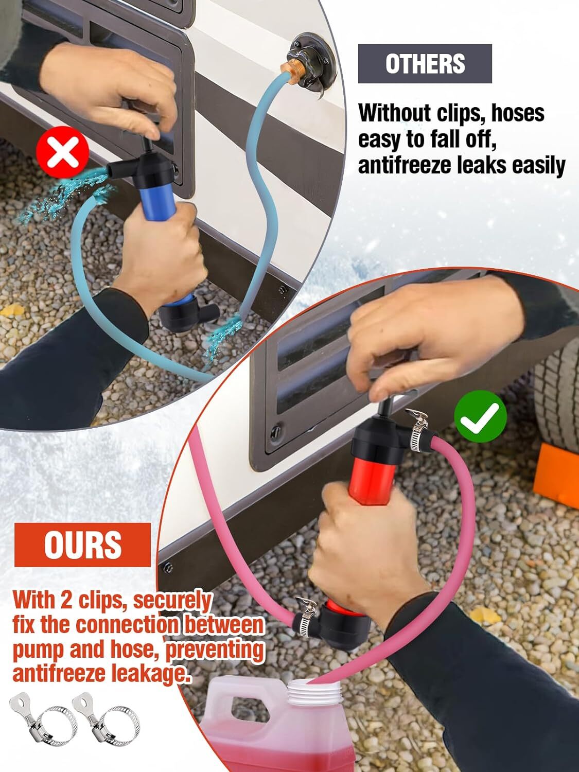 Antifreeze Hand Pump Kit, RV Water Hand Pump Kit with 2 Clamps, Water