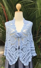 Women's Hand Knit Crochet Bamboo Pulp  Blue Festival Poncho Cape Shawl One Size