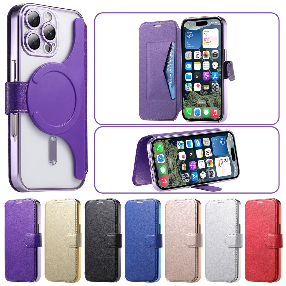 For iPhone 16 Pro Max 15 14 13 12 Flip Magnetic Card Holder Kickstand Phone Case