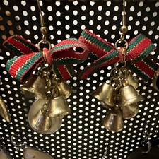 pair of jingle bell earrings gold Red Green Gold Ribbon Wire Christmas