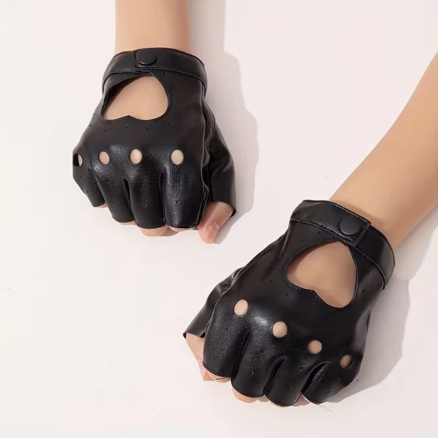 Envois 24h Paire de mitaines motard punk cuir synthétique noir Taille U gants - Photo 4/4