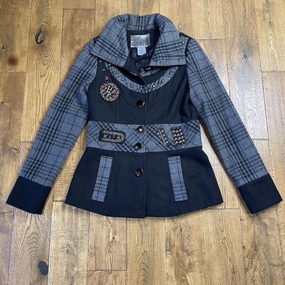 Buckle BKE Winter Pea Coat Studded Embellished Patch Wool Blend Womens Small