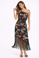Lulus Let's Be Fringe Floral Satin One-Shoulder Midi Dress Black Women's S NEW