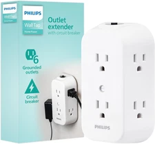 Philips 6-Outlet Extender, Grounded Wall Tap, Reset Button, Circuit Breaker, Ada