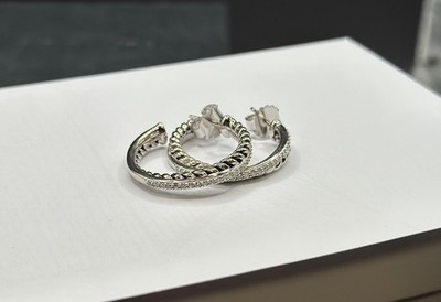 David & Yurman Crossover Diamond Cable Hoop Earrings Sterling Silver Medium