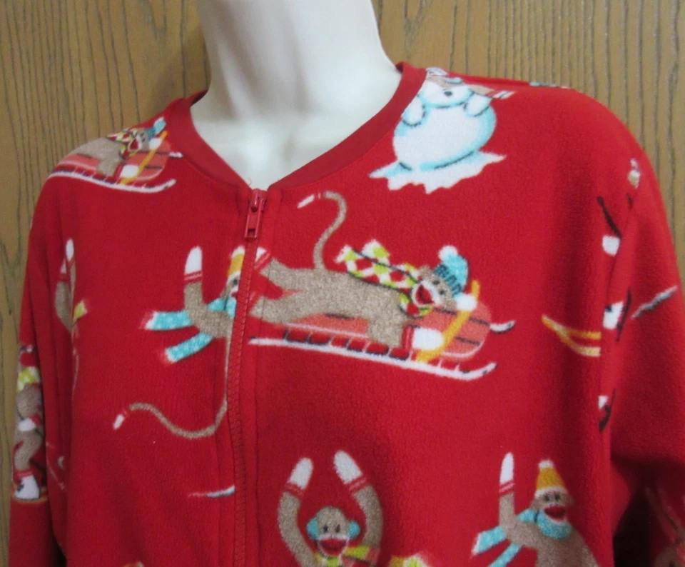 NICK & NORA unisex 100% fleece one piece long john RED SOCK MONKEY pajamas XXL - Image 2 of 4