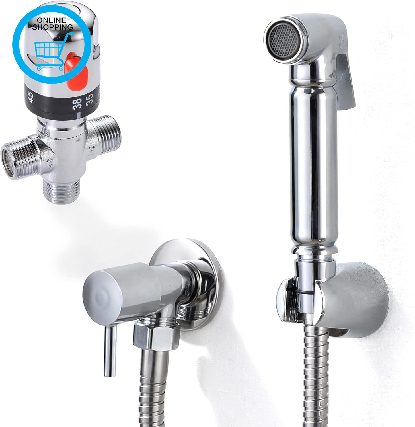 Thermostatic Bidet Shower Spray Kit – Chrome Brass | Muslim Shattaf Douche | Hot