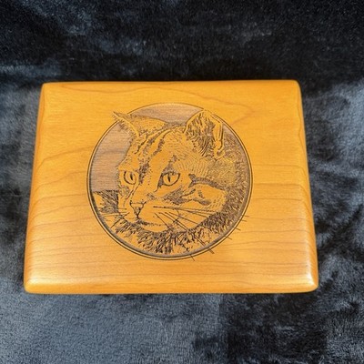 Cat Wood Jewelry Trinket Box Kitten Cat Face Laser Cut Made In USA Velvet Lining