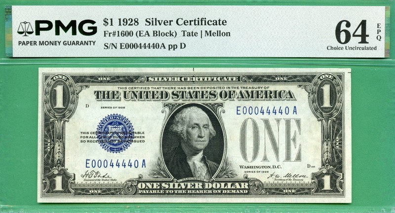 FANCY BINARY SERIAL NUMBER - E 00044440 A - 1928 $1 SC - Fr 1600 - PMG CU 64 EPQ