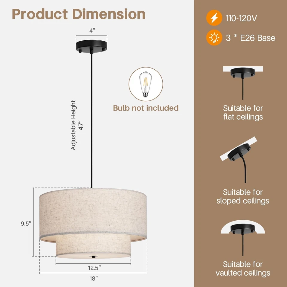 Lámpara colgante moderna de tela de doble tambor de 18", araña de techo colgante grande... Foto 2 de 4
