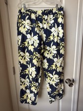 Talbots Pull On Linen Blend Pants Womens 14 Blue Yellow Floral Tropical Elastic