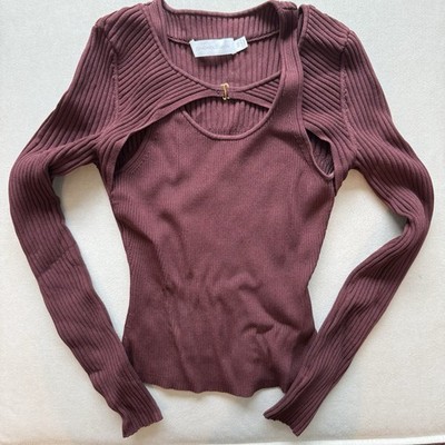 Simkhai Layered Ribbed Cutout Long-Sleeve Top in Burgundy Xs