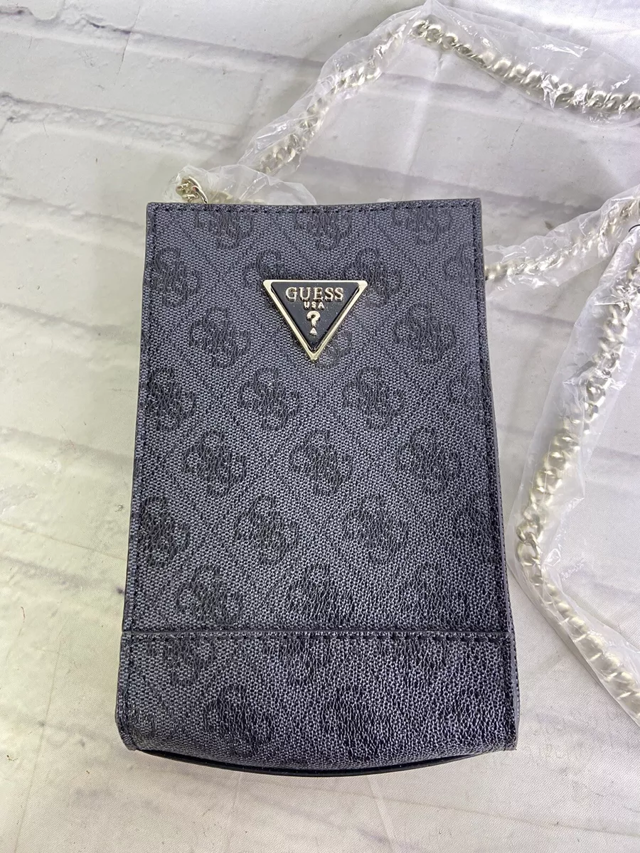 Guess Black Gray Signature Monogram Logo Small Crossbody Bag Pouch Chain Strap