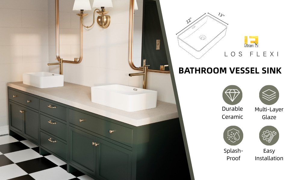 Los Flexi 22" x 13" White Porcelain Rectangular Vessel Sink with Rear Overflow