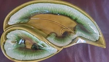 Santa Anita Mid Sentury Ware Ceramic Divided Dish Green Leaf Shape USA. 13 3/4"L