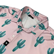 Bad Birdie Men's Performance S/S Golf Polo Shirt Pink Cactus All-Over   Large