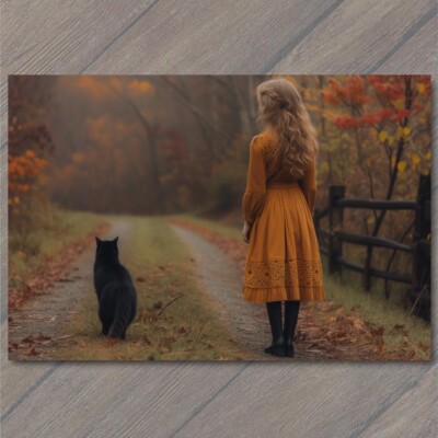 POSTCARD Girl Black Cat Weird Creepy Pet Old Vibe Unusual Cute Scary Strange Fun