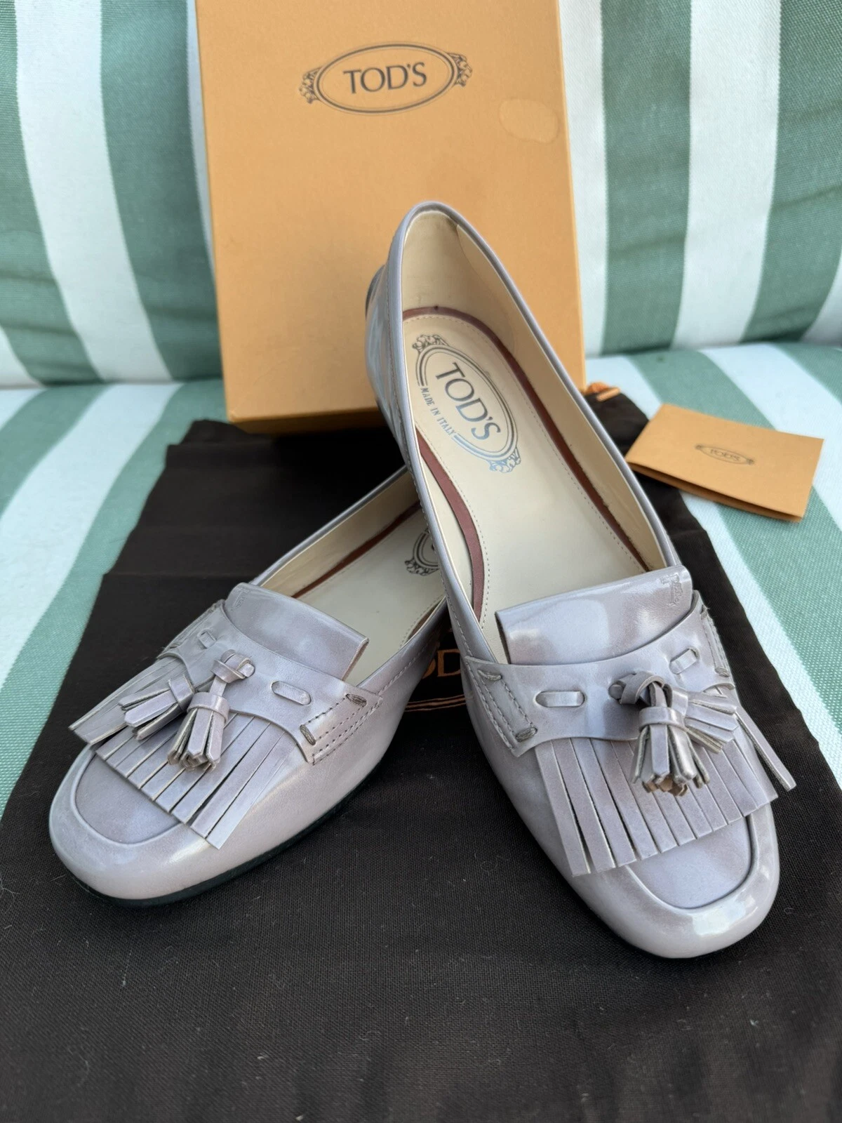 TOD’S Scarpe mocassino Tod's Flats con frange grigio lilla vera pelle originali nuove con scatola UK 5 5