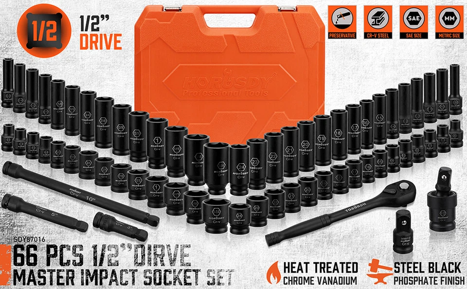 66PC Impact Socket Set 1/2in Drive 6 Point Shallow & Deep Socket Set SAE Metric - Image 2 of 4