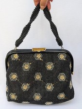 VTG Black Gold Beaded Handbag Purse Reversible Evening Large Spring Clasp