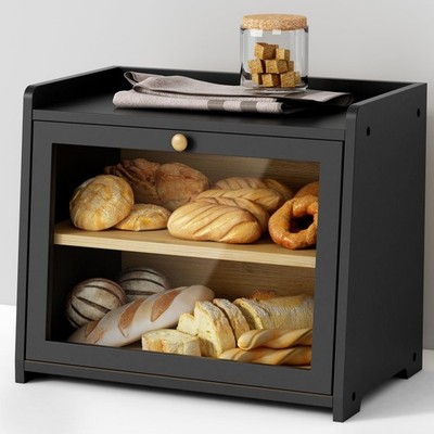 Black Bread Box for Kitchen Countertop Large Storage Container for Homemade Wood