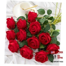 12PCS Artificial Flowers Fake Roses, Realistic Velvet Long Stem Roses Red