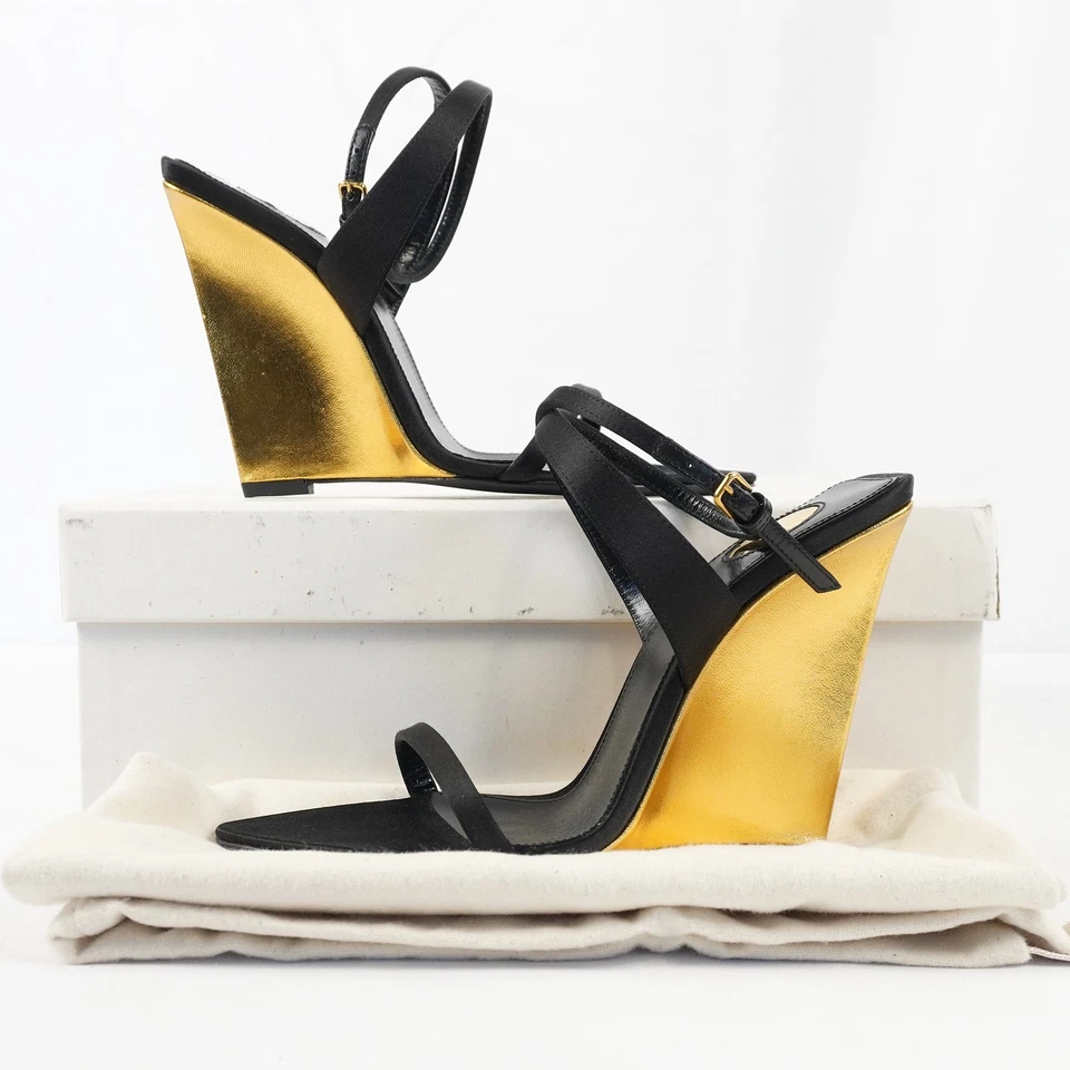 Saint Laurent Salome Wedge Heels In Black And Gold - Women's Size EU 35