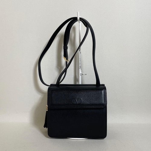 Valentino Garavani Shoulder Bag Purse Logo Leather Black Authentic