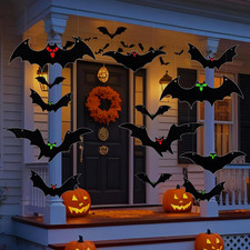Hanging Bats Halloween Decorations Outdoor - 16 Pack Glowing Eyes Large Flying B