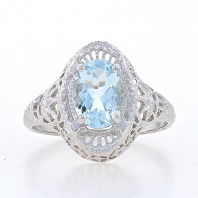 Or Blanc Aigue-Marine Cocktail Bague Solitaire -10k Ovale 1.20ct Serti Filigrane - Photo 1/4