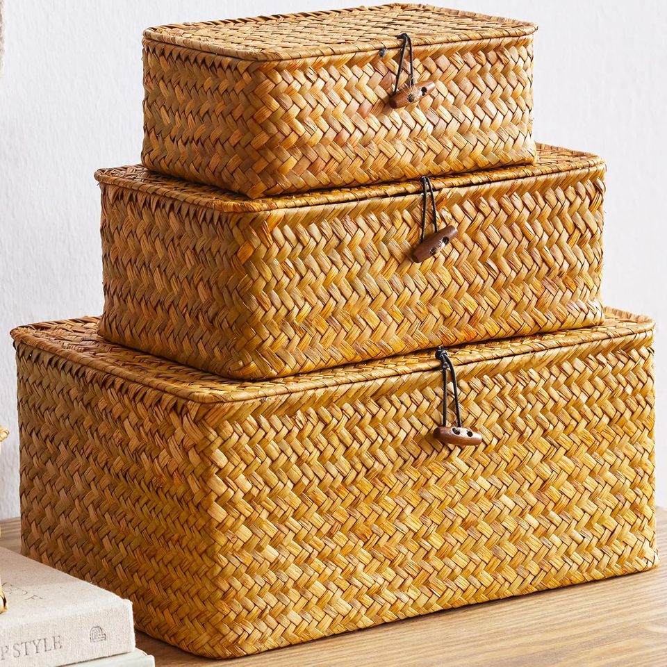 Wicker Storage Box with Lid, Handwoven Baskets for Storage, Rectangle ...