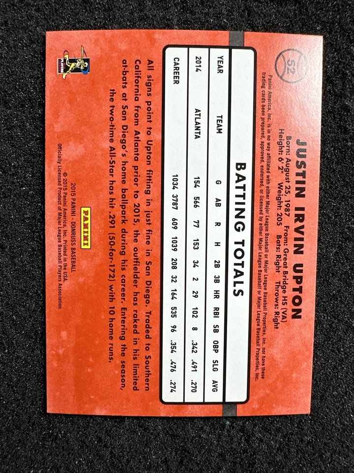 JUSTIN UPTON #52 2015 Donruss Baseball QTY San Diego Padres - Image 2 of 2