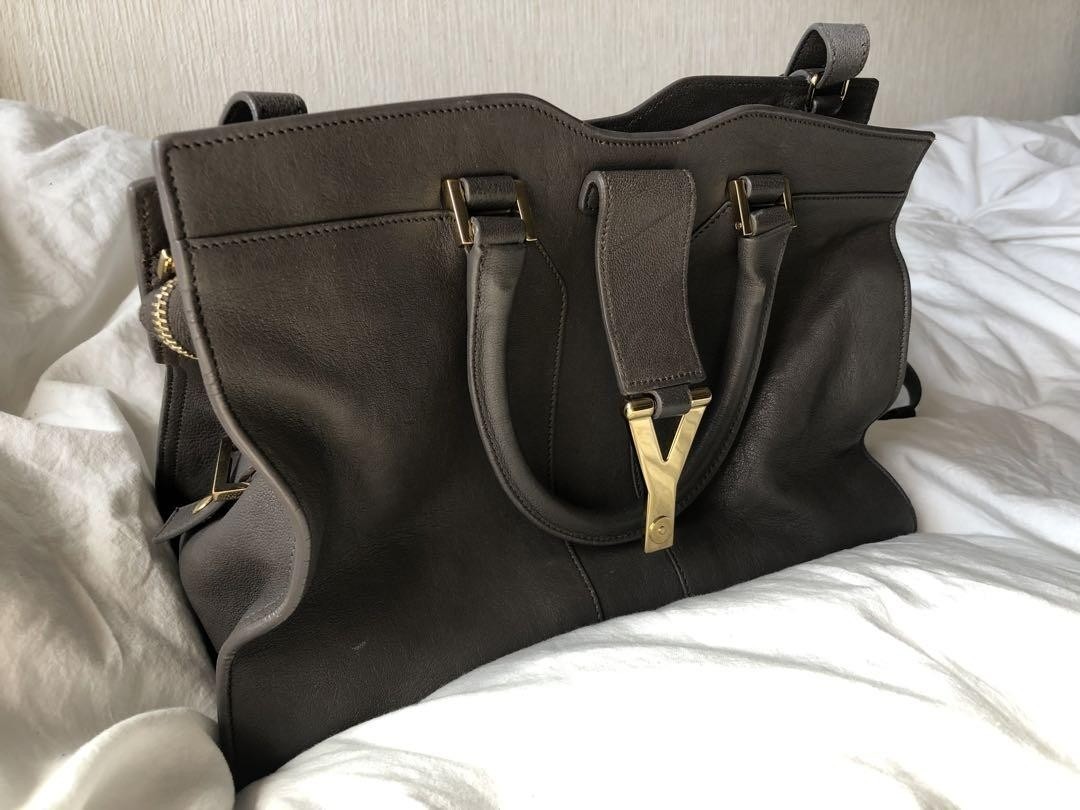 Borsa a tracolla YVES SAINT LAURENT Y line Petit Cabas in pelle grigia a 2 vie a mano