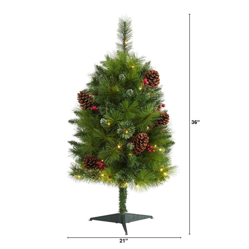 Nearly Natural 3ft Montana Mixed Pine Christmas Tree w/Berries 50 Clear LED - Image 2 of 4