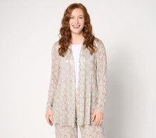 Susan Graver Occasions Petite Metallic Knit Foil Print Open Front Cardigan Ivory