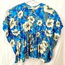 Sunny Island Hawaii Drawstring Waist Shirt Dress Women One Size Blue Floral