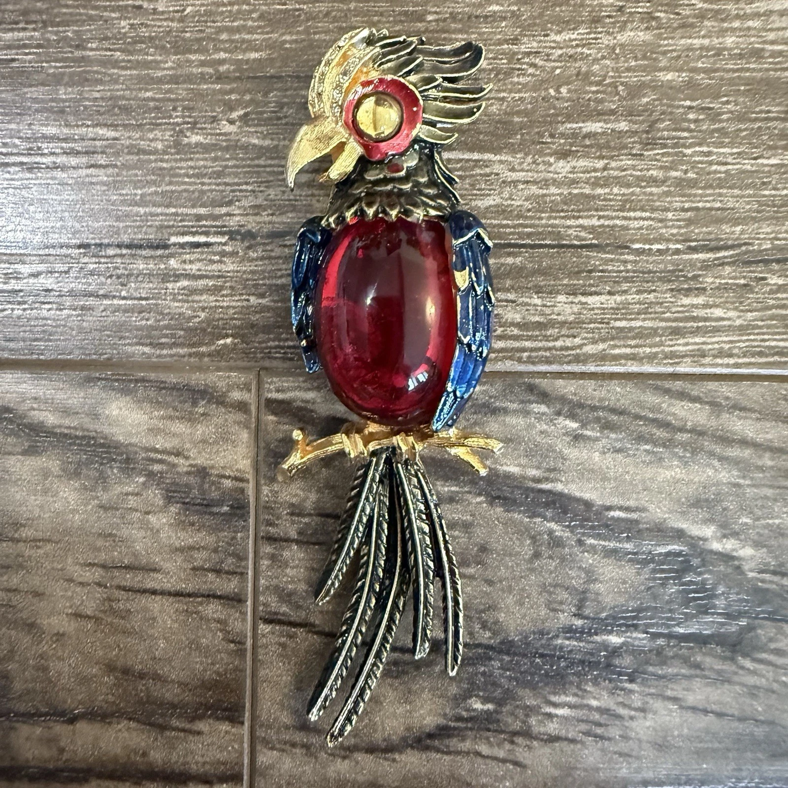 Vintage Gold Tone Parrot Brooch Red Glass Cabochon Body Blue Enamel Wings Pin