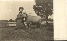 Woman with Sheep Original Vintage Real Photo Postcard RPPC