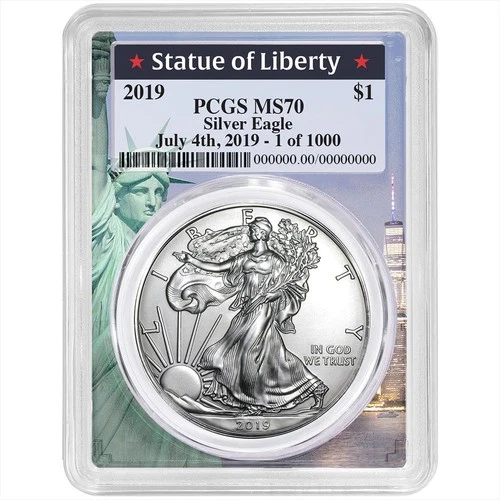 2019 $1 American Silver Eagle PCGS MS70 4th of July, Statue of Liberty Frame