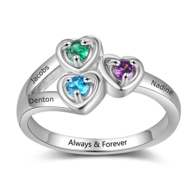Engraved Mother's Day Family Ring 3 Birthstones 3 Names 925 Sterling Silver