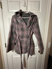 Jou Jou Lg Pink/gray Plaid Lined Button Up Tie Coat Nwt