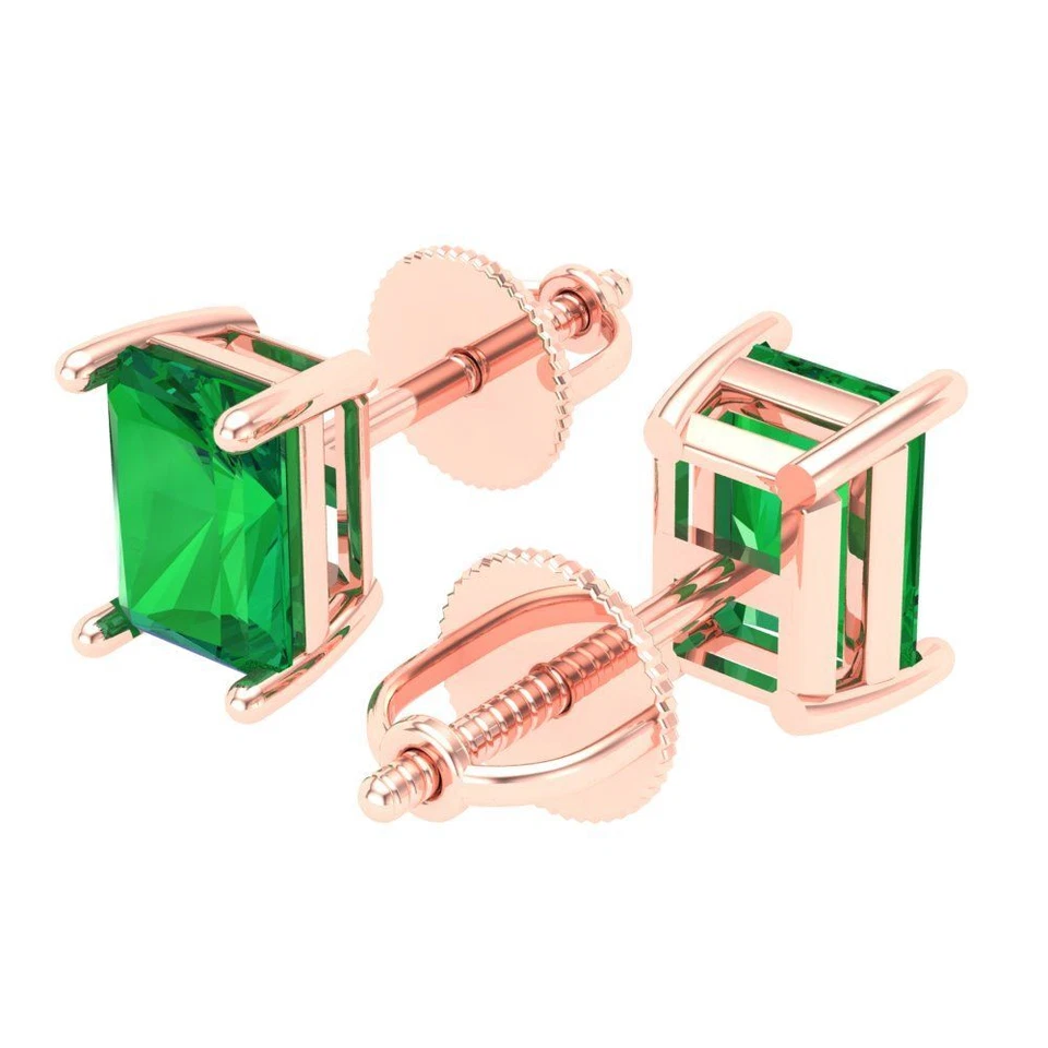 2 ct Emerald Cut Solitaire Studs Gemstone Solid Rose Gold Earrings Screw back - Image 2 of 4